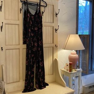 Black small floral print knit jumpsuit